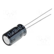 Elektrolitinis žemo impedanso kondensatorius 47uF 50VDC Nichicon 6x12mm